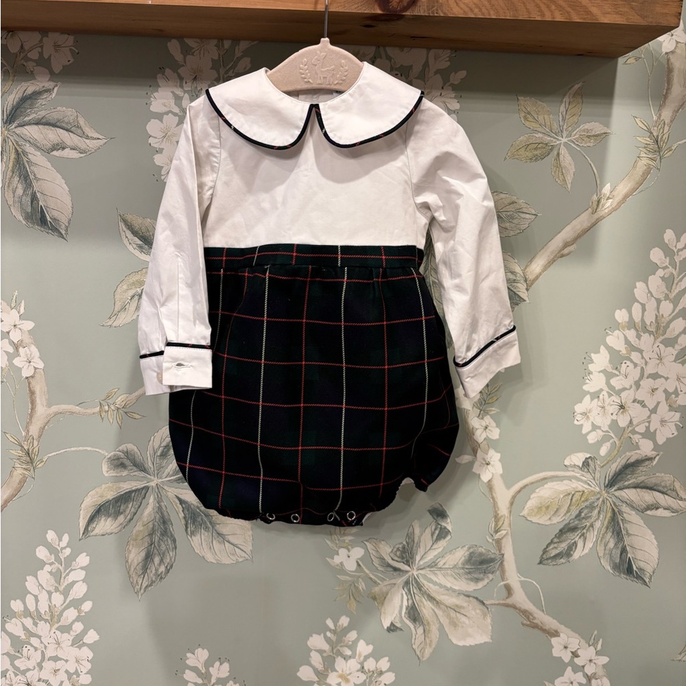Henry Duvall White Baby Romper with Navy Trim